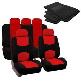 Fb050115red-f14403black Fh Group Flat Cloth Car Seat Covers For Suv Universal Fit With Carpet Floor Mats