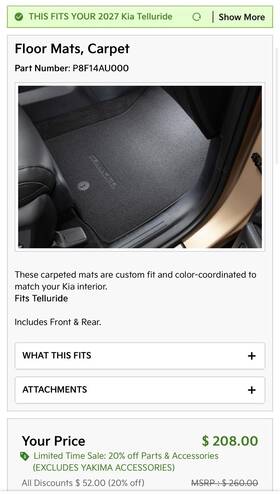 P8f14-au000 Kia Oem Carpeted Floor Mat For Telluride 2027 Non-hybrid