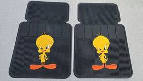 0182-01 Plasticolor 1996 Vintage Tweety Bird Universal Car Black Rubber Floor Mats