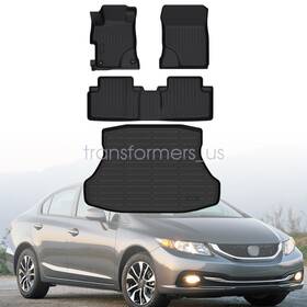 P2.tpejd102.h Soillar Tpe Floor Mats Liners / Trunk Cargo Liner Fits 2012-2015 Honda Civic Sedan Black