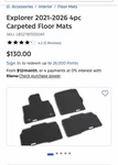 Explorer 2021-2026 4PC Carpeted Floor Mats. Fixed Price $65.00.