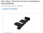 Oem New 2007-2016 Gmc Acadia Third Row All Weather Floor Mats 22890525. Fixed Price $125.00.