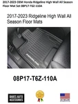 High Wall Season Floor Mat Set #08P17-T6Z-110A For 2017-2023 Honda Ridgeline. Fixed Price $271.94.
