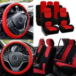 Flat Cloth Car Seat Covers Red Black 2 Row Set W/ Silicone Steering Wheel. Fixed Price $36.98.
