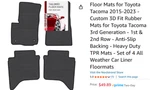 Floor Mats For Toyota Tacoma 2015-2023, Anti-slip Backing Heavy Duty, Set Of 4. Fixed Price $45.00.